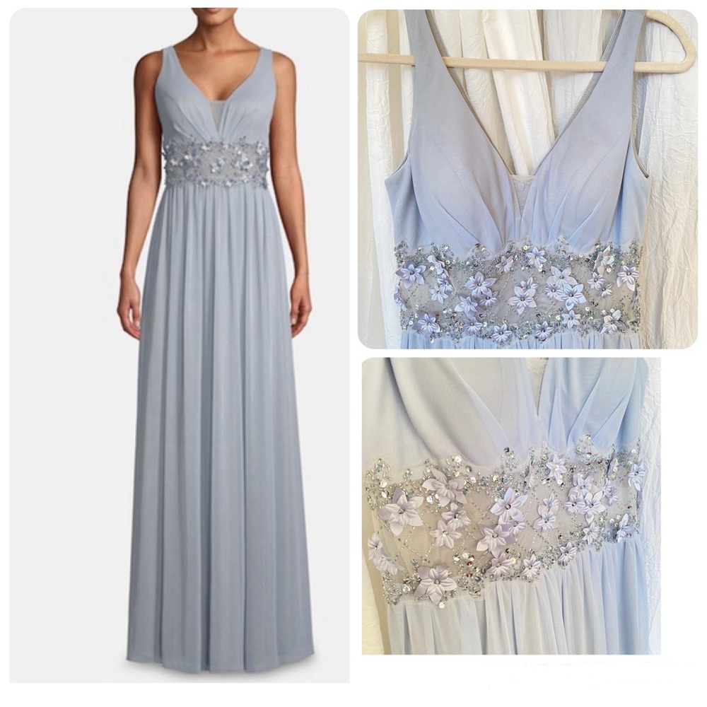NEW Betsy Adam Light Blue Chiffon Evening Gown with Floral Beaded Waist sz 4
